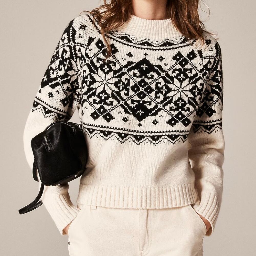 J Crew Fair Isle Snowflae Mockneck Sweater Women's Large Ivory Lambswool
